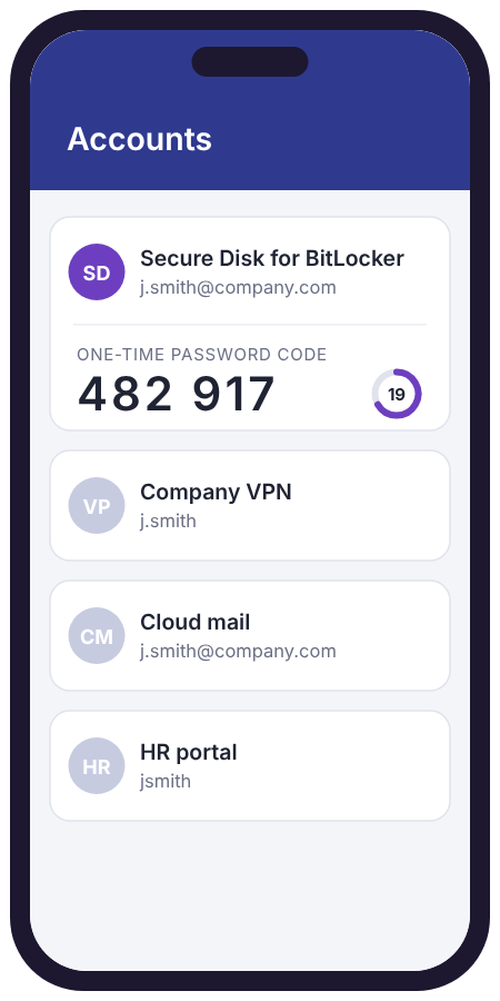 Symbolic authenticator app with account cards